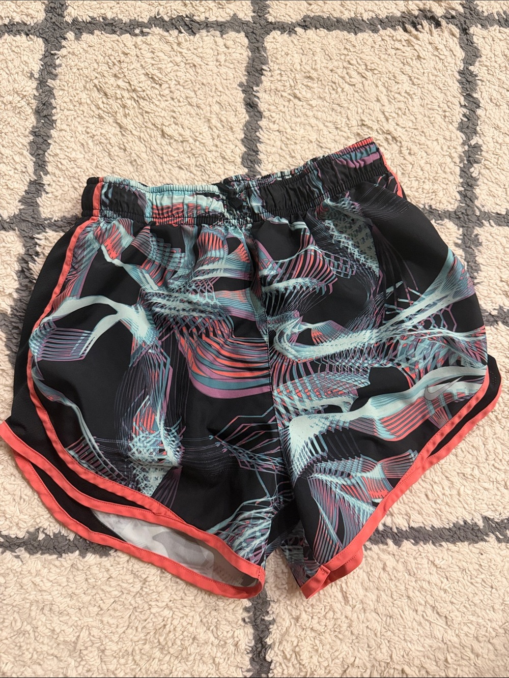 Nike Black Running Shorts with Aqua and Coral Abstract Print